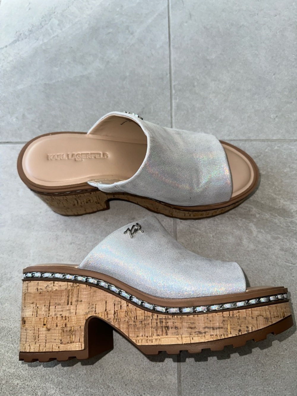 Karl Lagerfeld silver Suede Cork-Platform Slide Mules